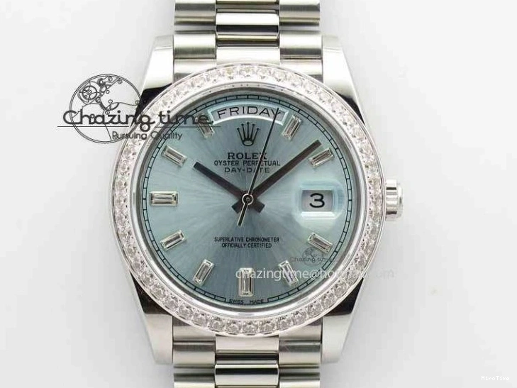 MiroTime 1218 Stylish Day Date 40mm SS BP Maker Best Edition Diamond Bezel Ice Blue Dial On SS Bracelet ETA 3699